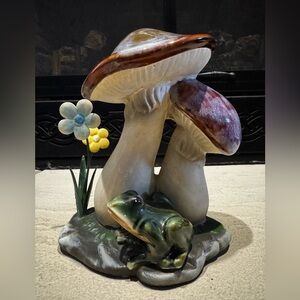 Vintage Glazed Ceramic Mushroom, Frog, and Metal Flowers Sculpture
